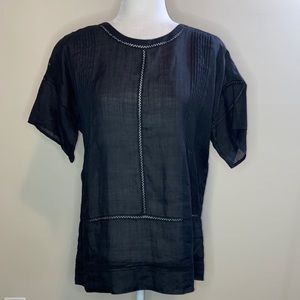 NWT Vince Ramie Short Sleeve Lace Insert Black Top XS